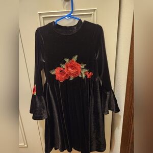Elegant Black Velvet Kids Dress with Red Floral Embroidery